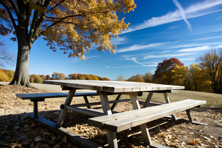 A rustic wooden picnic table sits beneath a canopy of vibrant autumn leaves. The table is empty,...