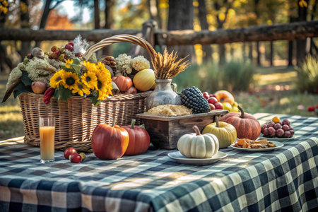 A rustic harvest-themed picnic area with a blank tablecloth, perfect for displaying food, drinks, or other items.  Ideal for fall celebrations or events.の写真素材