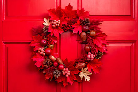 A beautiful autumn wreath with vibrant leaves and berries adorns a rustic wooden door, creating a...
