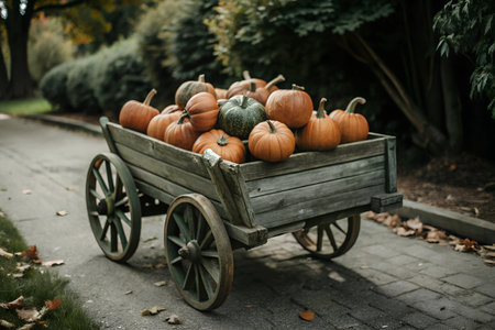 A rustic wooden cart filled with pumpkins sits on a path, surrounded by autumn foliage. The cart and pumpkins create a warm and inviting scene.の写真素材