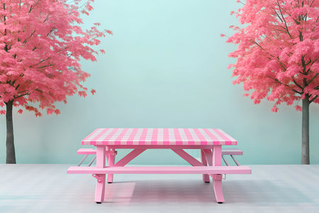 A rustic wooden picnic table sits under a canopy of vibrant autumn leaves, creating a picturesque setting for a peaceful afternoon.の写真素材