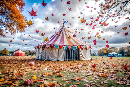 A colorful festival tent stands in a field during the fall season. Fallen leaves create a picturesque scene around the tent.の写真素材