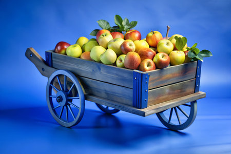 A rustic wooden cart filled with red apples sits in an open area. The cart is surrounded by lush...