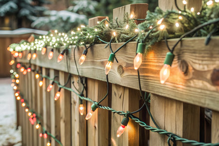 A string of holiday lights draped over a wooden fence, creating a festive ambiance.の写真素材