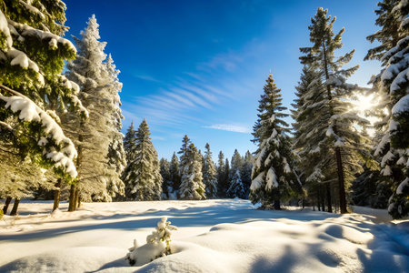 A serene winter scene of a snow-covered forest clearing, showcasing a vast open sky. Tall, snow-laden trees stand tall against the backdrop of a clear blue sky, creating a sense of tranquility and solitude.の写真素材