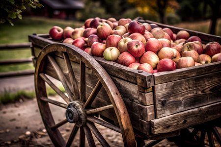 A rustic wooden cart overflowing with red apples sits in a wide open field under a clear blue sky.  The cart is surrounded by lush green grass, creating a picturesque scene of autumn harvest.の写真素材
