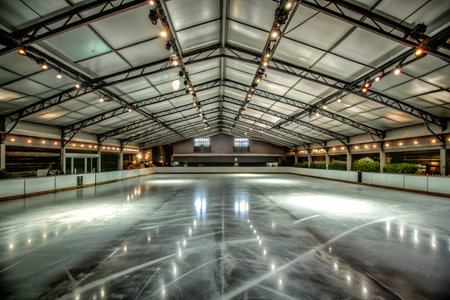 A wide shot of an empty ice rink with open areas that can be used for text or promotional content. The rink is surrounded by snow and trees.の写真素材