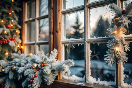 A close-up of a frosted windowpane with a picturesque winter scene visible through the ice crystals. The scene evokes a sense of serenity and beauty found in nature during the coldest season.の写真素材