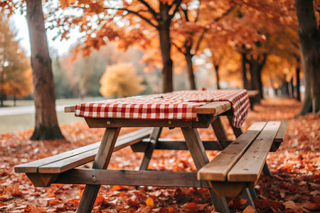 A wooden picnic table sits empty beneath a canopy of vibrant autumn trees. The leaves are a mixture...