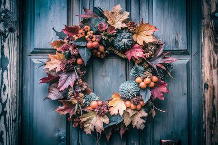 A beautiful autumn wreath with vibrant fall colors hangs on a rustic wooden door. The wreath features leaves, berries, and other seasonal elements.の写真素材