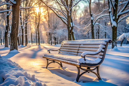 A lone bench covered in snow stands empty in a park. The scene is peaceful and serene, with the snow adding a touch of magic to the winter landscape.の写真素材