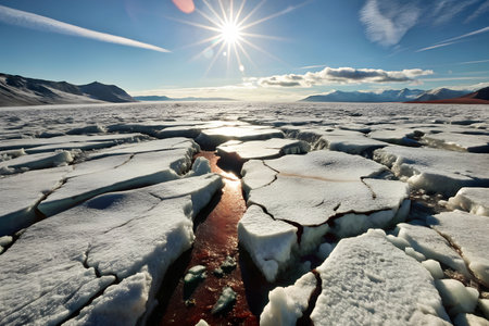 A wide shot of a vast icy tundra landscape, featuring cracks in the ice and a snow-covered plain. The scene evokes a sense of vastness, isolation, and cold.の写真素材