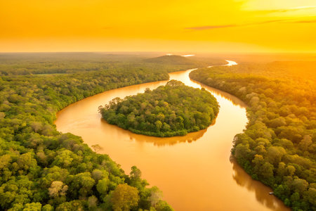 A tranquil scene showcasing a meandering river cutting through a dense, verdant forest. The river's...