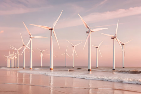 A line of wind turbines stand tall against a bright blue sky, generating clean energy along a picturesque coastline.の写真素材