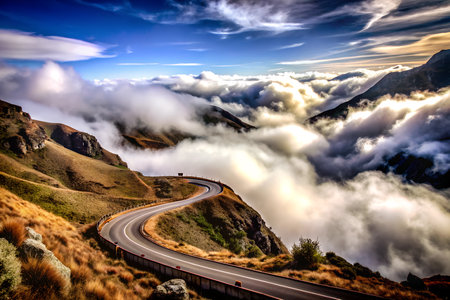 A thick fog rolls over a winding mountain pass, obscuring the road and surrounding landscape. The scene is shrouded in mystery and a sense of anticipation.の写真素材