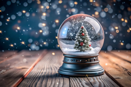 A snow globe sits on a rustic wooden table with a blank area for text or product placement. The snow globe is filled with a white snowy scene and a miniature house, creating a cozy and wintery atmosphere.の写真素材