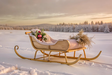 A classic red sleigh sits empty in a snow-covered field, waiting for its passengers. The scene evokes a sense of winter tranquility and anticipation.の写真素材