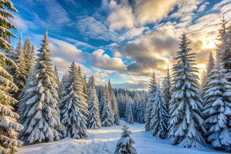 A serene winter landscape featuring a snow-covered pine forest with an expansive, clear sky above.の写真素材
