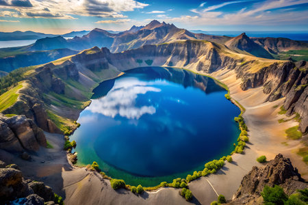 A breathtaking view of a deep blue crater lake nestled within towering volcanic cliffs. The rugged landscape showcases the power of nature and the beauty of geological formations.の写真素材