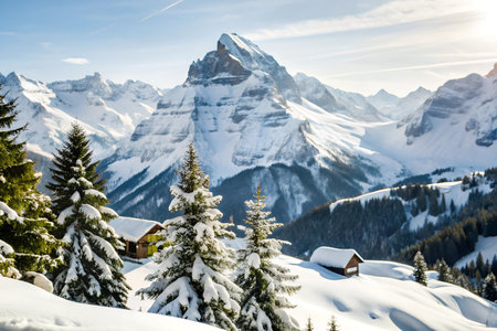 A breathtaking view of snow-capped mountains in a winter landscape. The peaks are covered in a thick...