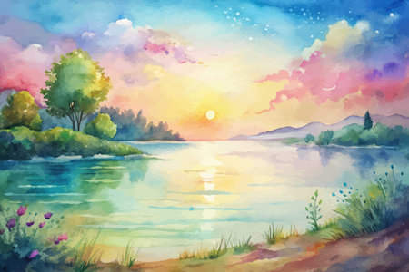 A serene view of a calm body of water with a picturesque landscape in the background. The water is still and reflects the surrounding scenery, creating a peaceful and tranquil atmosphere.のイラスト素材