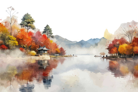 A peaceful landscape scene featuring a body of water, mountains, and lush greenery. The sky is clear and blue, creating a serene and tranquil atmosphere.のイラスト素材