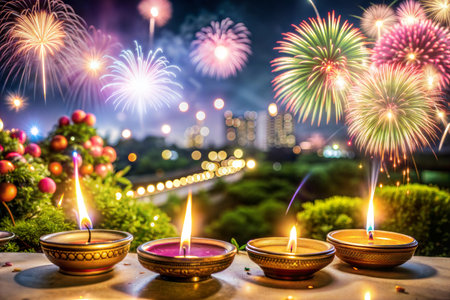 A vibrant and colorful celebration of Diwali, the Hindu festival of lights.  The image captures the joy and excitement of the occasion.の写真素材