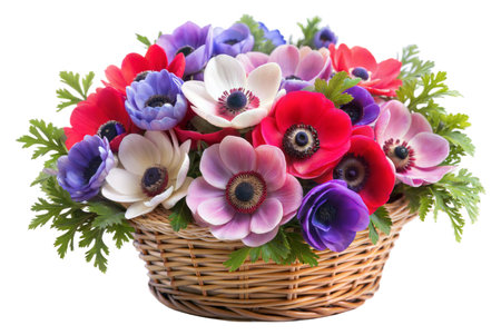 A beautiful arrangement of vibrant anemone flowers in a rustic basket, isolated against a clean white background. Perfect for floral design, greeting cards, or springtime themes.の写真素材