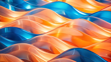 Abstract background with wavy glass shapes in shades of blue and green. The shapes overlap and create a sense of depth and movement.の写真素材