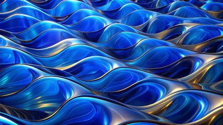 Abstract background featuring multiple wavy glass shapes in various shades of blue and green,...