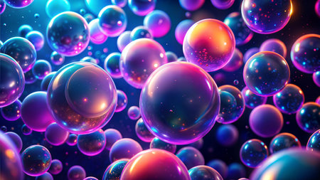 A digitally rendered image showcasing a far view of translucent 3D spheres overlapping and creating...