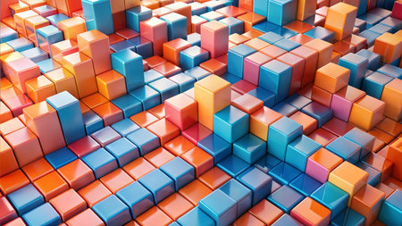 A digital rendering of an abstract composition featuring 3D cubes of various sizes, arranged in a...