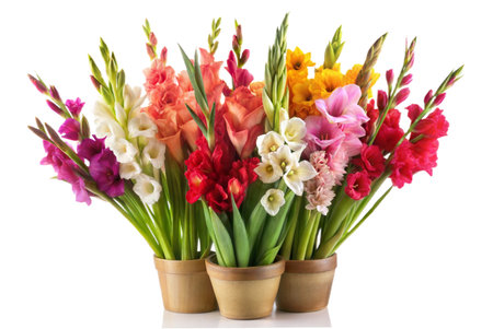 A beautiful bouquet of purple gladiolus flowers in a pot, isolated on a white background. Perfect for adding a touch of elegance to your designs.の写真素材
