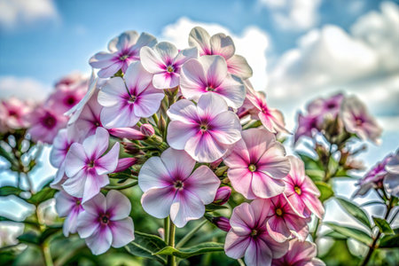 A vibrant cluster of pink phlox flowers blooming in a lush garden setting. The delicate petals and vibrant color create a beautiful and cheerful scene.の写真素材