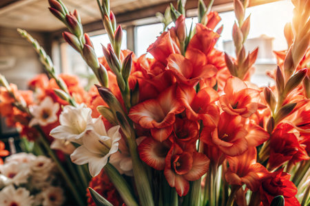 A vibrant bouquet of pink gladiolus flowers arranged in a vase. The flowers are in full bloom and have a soft, delicate texture.の写真素材