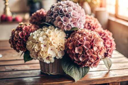 A close-up shot of vibrant pink hydrangea flowers in full bloom, showcasing their delicate petals and intricate textures.の写真素材