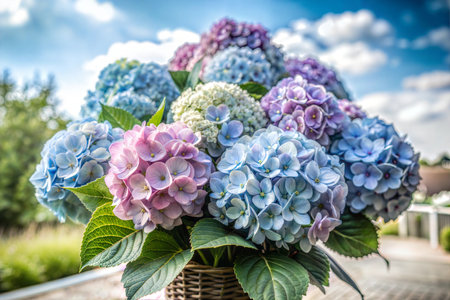 A close-up shot of a beautiful pink and white hydrangea flower in full bloom. The delicate petals and vibrant colors create a stunning display of natural beauty.の写真素材