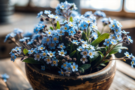 A close-up shot of delicate blue forget-me-not flowers in full bloom, showcasing their intricate petals and vibrant color.の写真素材