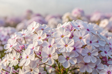 A close-up view of vibrant pink phlox flowers blooming in a lush garden setting. The delicate petals and soft colors create a beautiful and calming scene.の写真素材