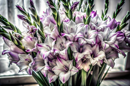 Close-up shot of pink and white gladiolus flowers in bloom. The flowers are arranged in a vertical line, with the petals overlapping each other. The background is blurred.の写真素材