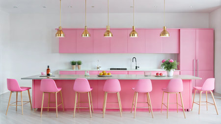 A contemporary kitchen and dining space with an open floor plan, featuring sleek cabinetry, modern appliances, and a large dining table.の写真素材