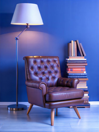 A cozy and inviting reading nook with a mid-century modern aesthetic. The space features a comfortable armchair, a stylish floor lamp, and a built-in bookshelf. The warm lighting and soft textures create a relaxing and inviting atmosphere.の写真素材