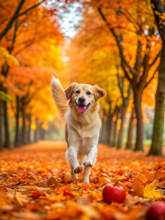 A happy golden retriever dog excitedly chases after a ball during a fall afternoon in a park. The dog is running through colorful leaves and enjoying the fresh air.の写真素材