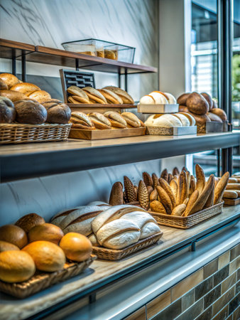 A variety of freshly baked breads and pastries are displayed on a counter in a bakery. The breads include loaves of sourdough, baguettes, and rolls. The pastries include croissants, danishes, and muffins.の写真素材