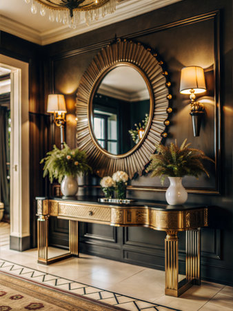 A stylish entryway with a large mirror, a console table with decorative items, and a chic rug. The space is bright and inviting, with a modern feel.の写真素材