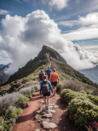 A scenic hiking trail winds its way up a mountainside, leading towards a majestic peak. Lush greenery and vibrant wildflowers adorn the path, while towering trees provide shade and a sense of tranquility.の写真素材