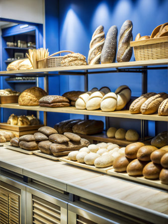 A close-up of freshly baked bread and pastries displayed at a bakery, showcasing their golden crusts and inviting aroma.の写真素材