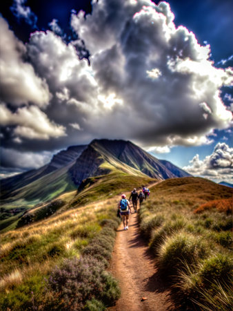 A scenic hiking trail winds its way upwards, leading towards a majestic mountain peak. Lush greenery surrounds the path, creating a picturesque backdrop for an adventurous hike.の写真素材
