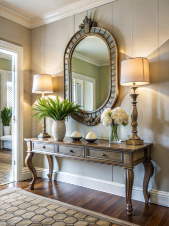 A stylish and welcoming entryway featuring a large mirror, a console table with decor, and a patterned rug. Natural light floods the space, creating a bright and airy atmosphere.の写真素材