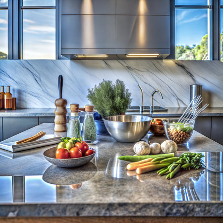 A modern kitchen with a sleek marble island featuring integrated appliances, ample storage space, and a contemporary design.の写真素材